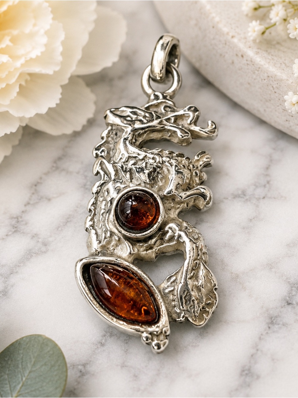 Sterling Silver Dragon Pendant with Amber Stone